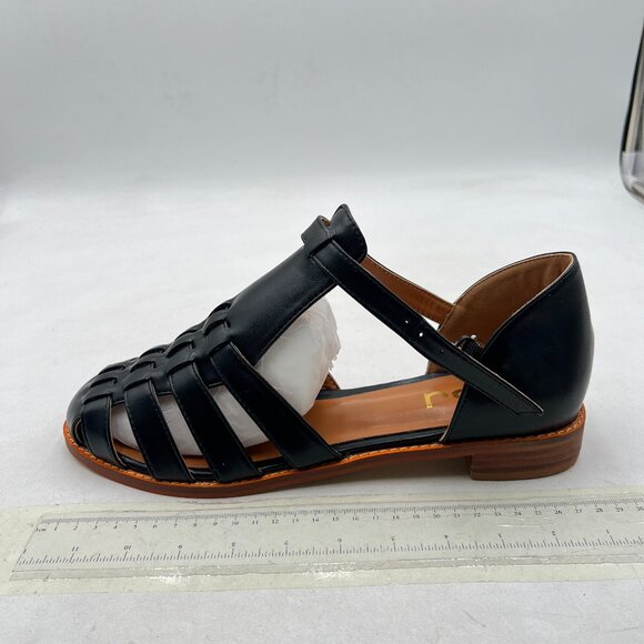 FSJ Black Closed Toe Low Block Heel Woven Roman Ankle Strap Hollow Caged Sandals - Picture 2 of 8